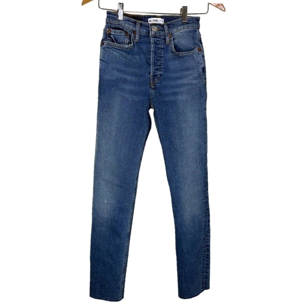 RE/DONE Originals High Rise Ankle Crop Denim Jeans Aged Blue Raw Hem Size 24